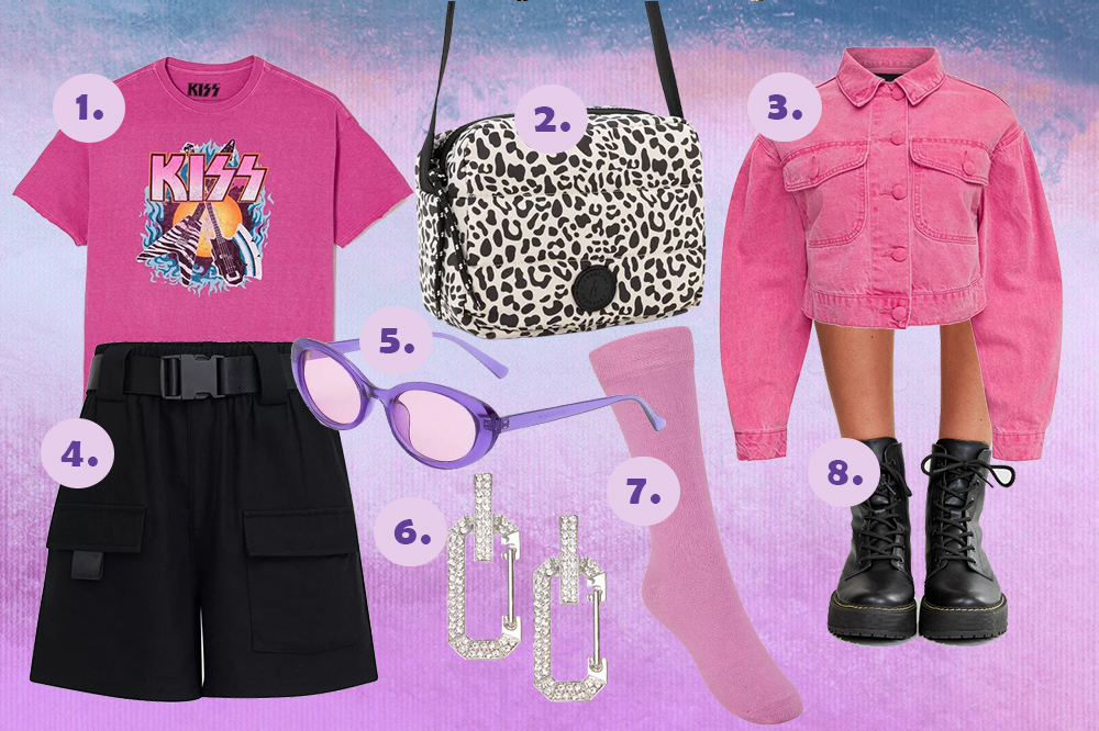 look-festival-de-musica-rock-in-rio-01 Montagem em fundo degradê rosa e azul com peças de roupas, sapatos e acessórios que montam um look de festival