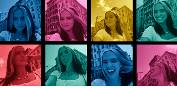 Várias selfies de Zoey Deutch alinhadas em duas fileiras; elas estão com filtros coloridos em azul, rosa, azul e verde; a atriz está rindo e fazendo caretas enquanto interpreta sua personagem no filme