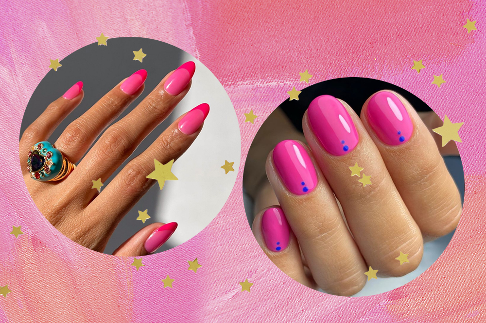 Montagem em fundo rosa com estrelinhas douradas com duas fotos em molduras circulares de unhas decoradas com esmalte rosa