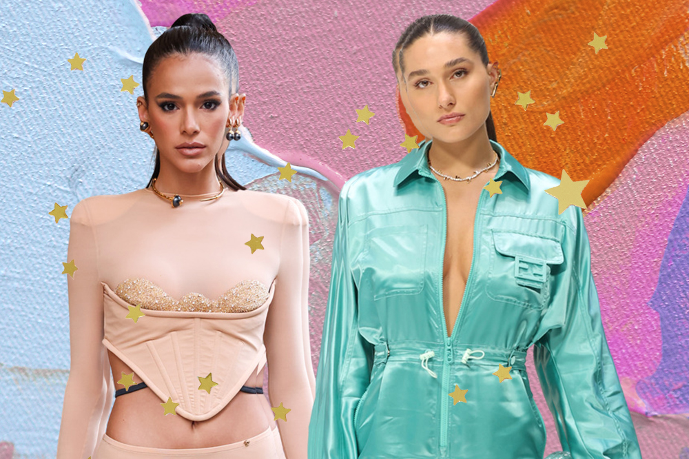 Bruna Marquezine e Sasha Meneghel na semana de moda de Milão. Montagem em fundo azul, rosa, laranja e lilás com estrelinhas douradas