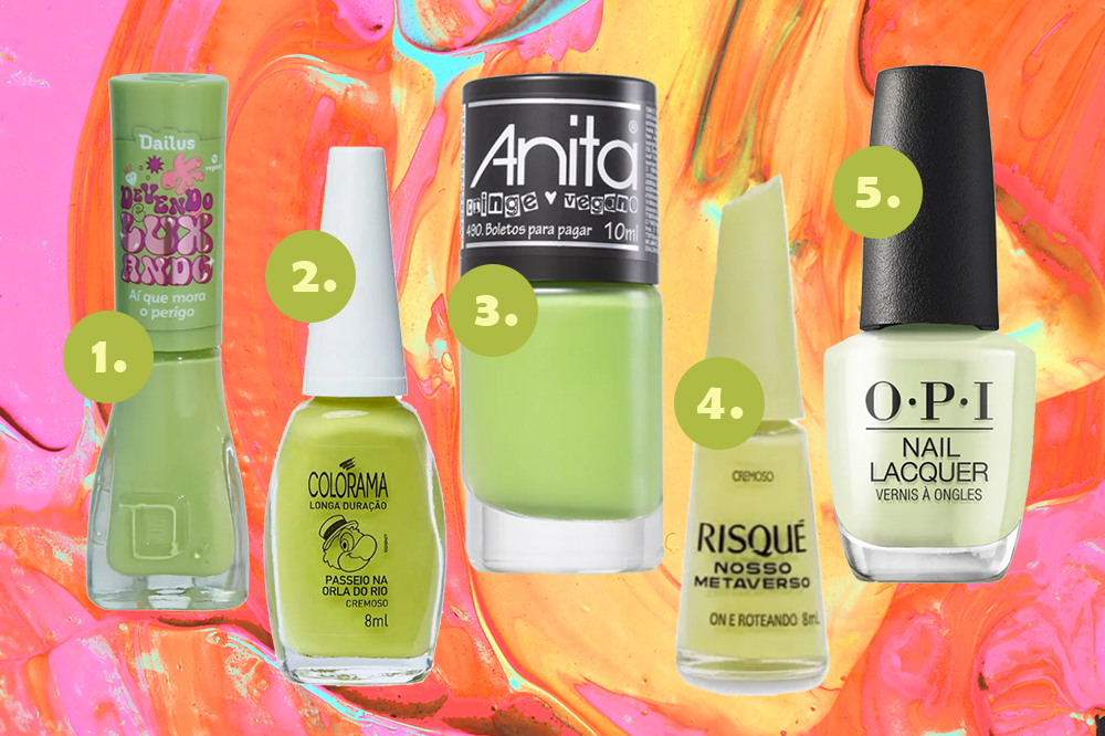 Cinco opções de esmaltes na cor verde lima em montagem com fundo laranja, rosa e amarelo