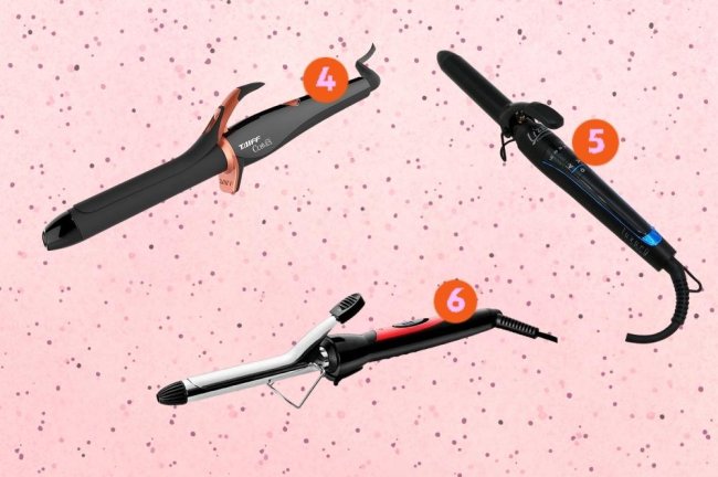 opcoes-babyliss-cabelo-1 Montagem com o fundo rosa com bolinhas com três opções de babylisses no centro.