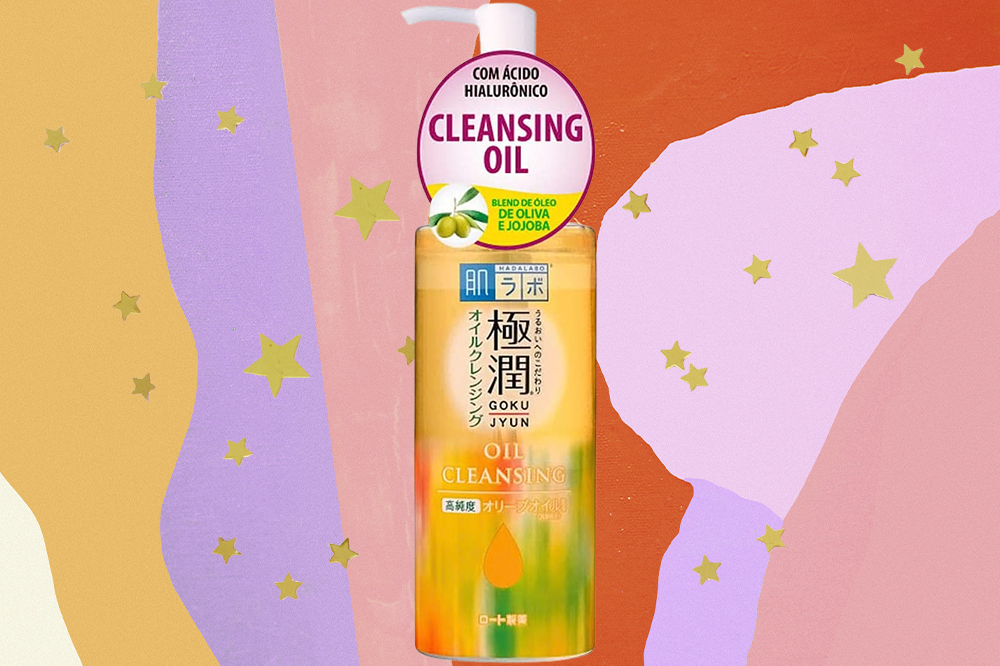 Cleansing oil em fundo amarelo, lilás, rosa e laranja com estrelinhas douradas