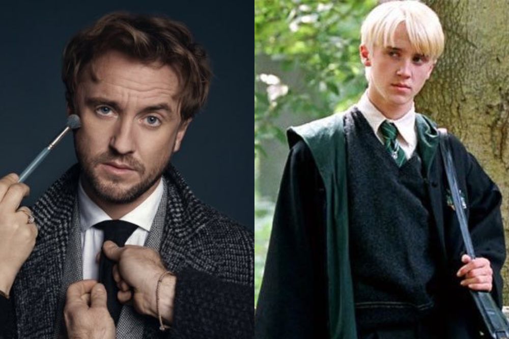 Foto de Tom Felton atualmente e outra dele em Harry Potter