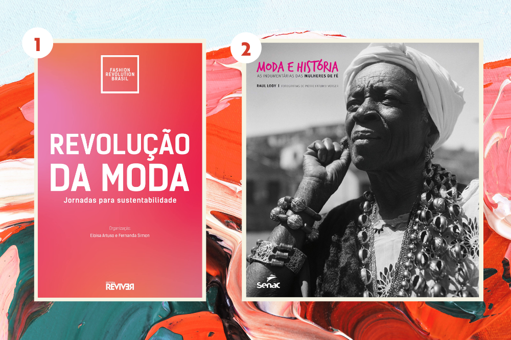 Montagem em fundo colorido texturizado com tintas com duas opções de livros sobre moda.