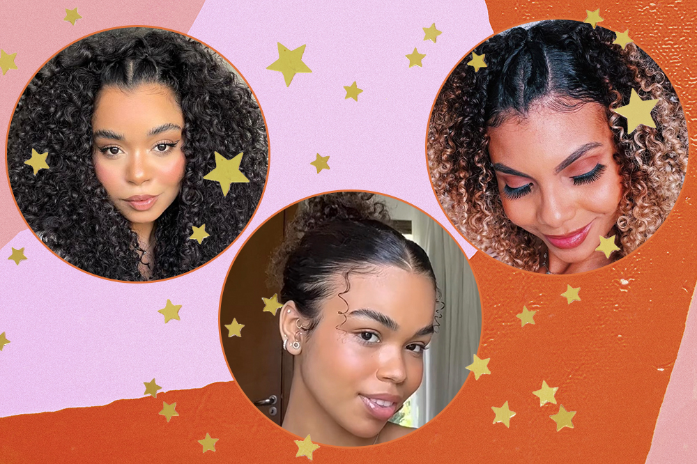 Montagem em fundo rosa e laranja com estrelinhas douradas e três fotos de meninas com cabelo cacheado em molduras circulares