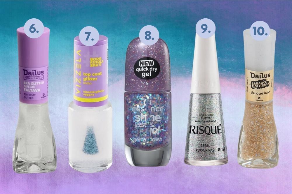 Cinco esmaltes com glitter em fundo degradê azul e lilás