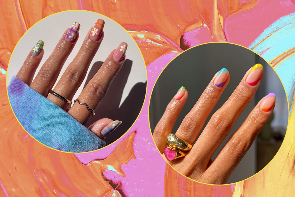 Montagem em fundo laranja, rosa e amarelo com duas fotos em molduras circulares de mãos com unhas coloridas