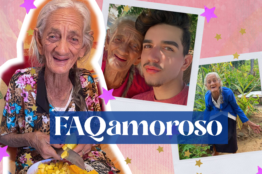 Montagem com fotos da Vó Senhora, uma influenciadora de 95 anos