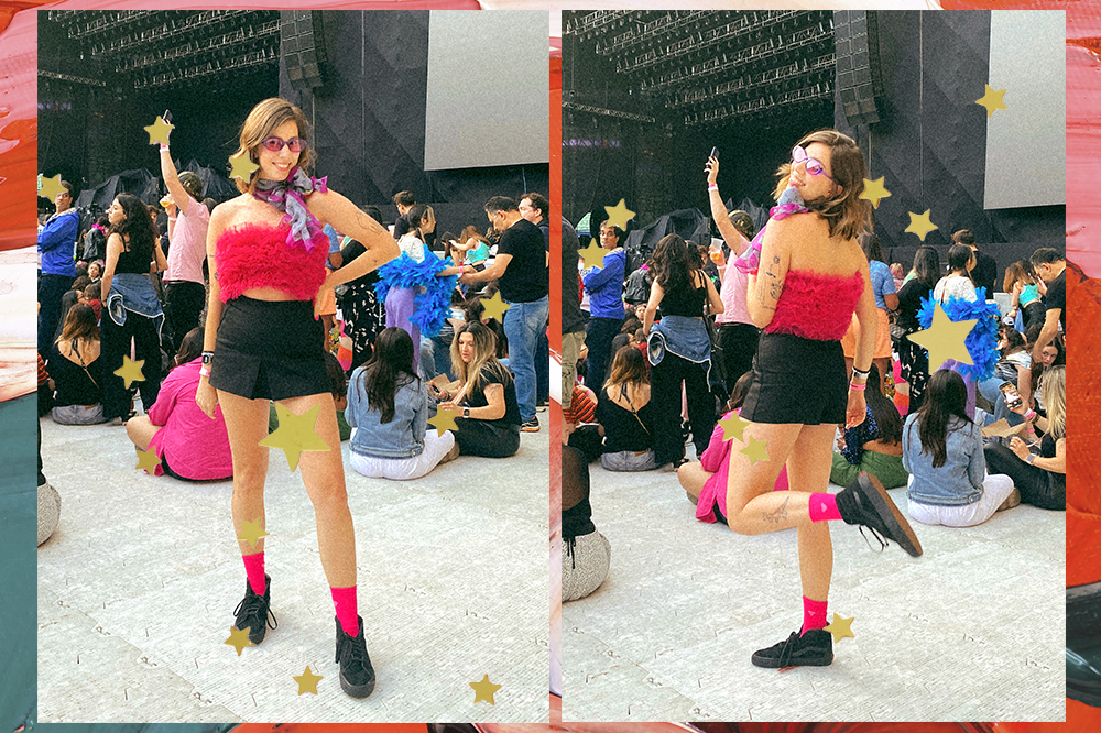 Look da repórter Sofia Duarte para show do Harry Styles; montagem em fundo de tintas em vermelho e verde