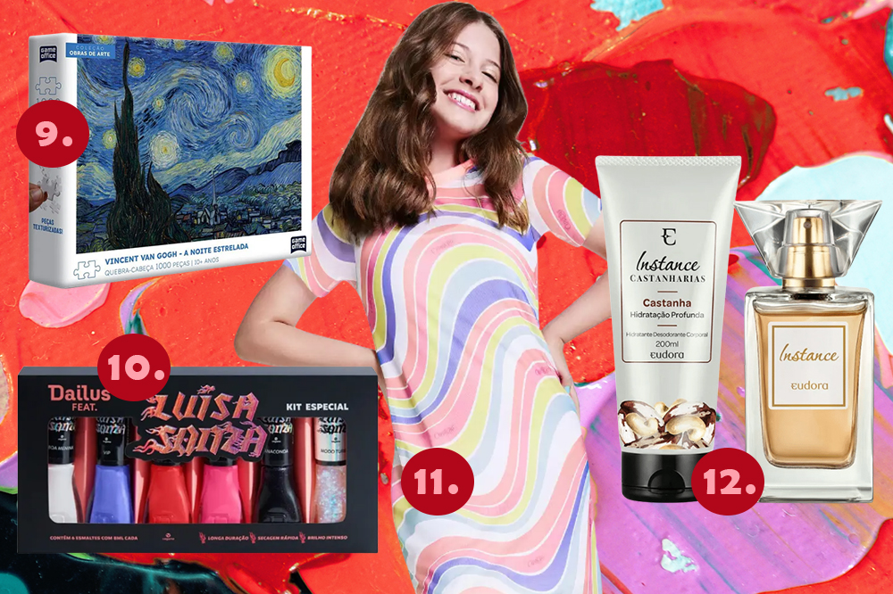 Montagem em fundo vermelho, rosa e lilás com quatro sugestões de presentes para dar no amigo secreto de Natal: quebra-cabeças, kit de esmaltes, vestido de tule colorido e kit com creme e perfume