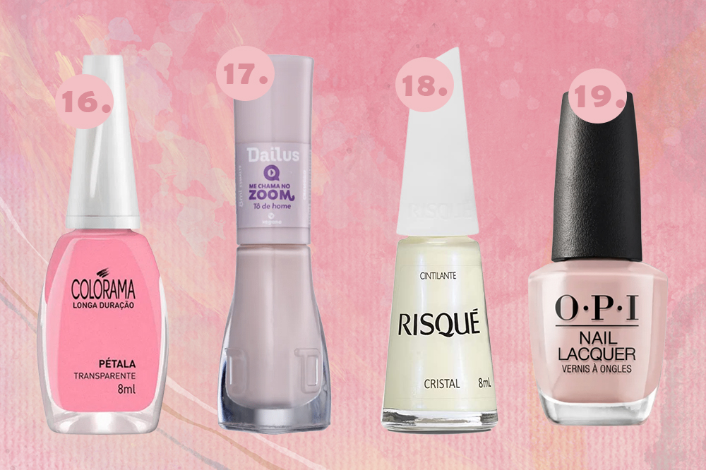 Montagem em fundo rosa com quatro esmaltes nudes clarinhos e translúcidos