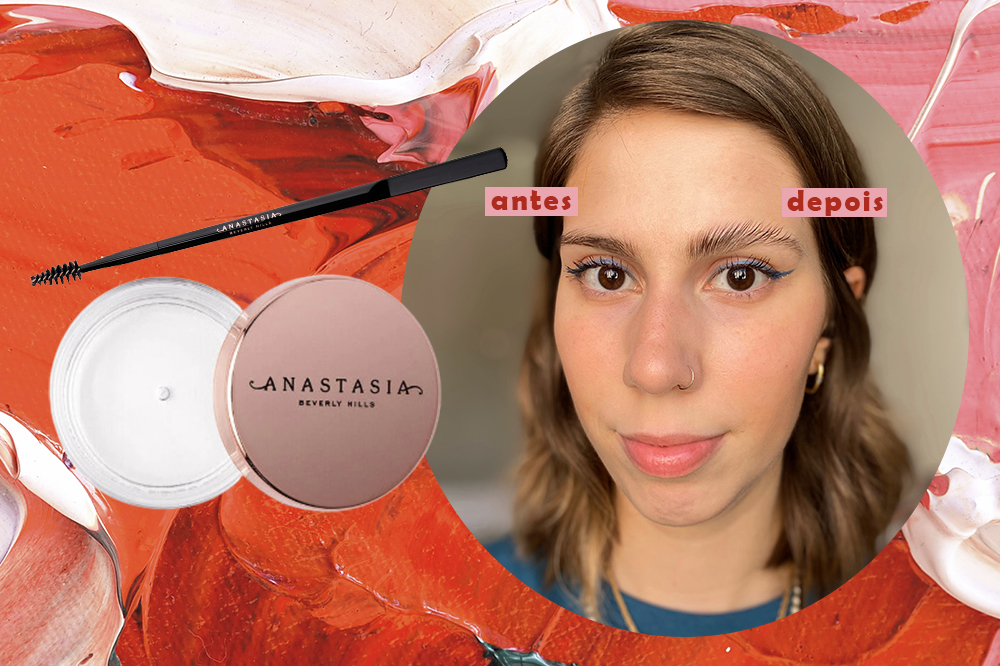 gel-sobrancelhas-anastasia-01 Montagem em fundo vermelho e rosa com foto da cera fixadora de sobrancelhas da Anastasia Beverly Hills à esquerda e foto da repórter Sofia Duarte testando o produto à direita
