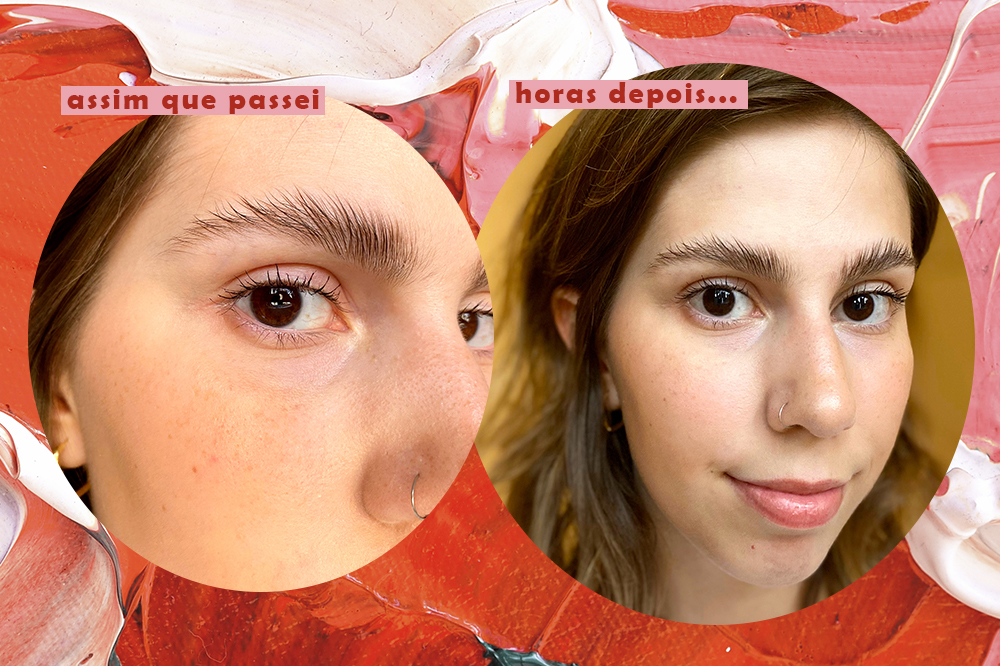 gel-sobrancelhas-melu-ruby-rose-02 Montagem em fundo vermelho e rosa com fotos da repórter Sofia Duarte testando o gel de sobrancelhas da linha Melu, da RubyRose