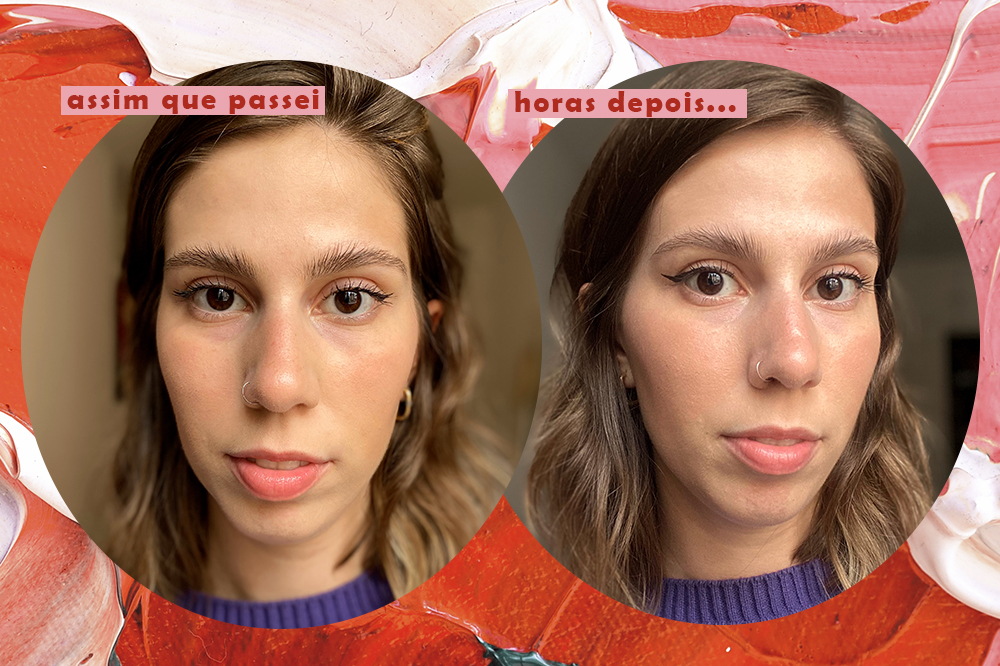 gel-sobrancelhas-vic-beaute-02 Montagem em fundo rosa e vermelho com fotos da repórter Sofia Duarte usando produto de sobrancelhas da Vic Beauté