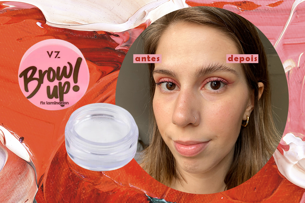 gel-sobrancelhas-vizzela-01 Montagem em fundo vermelho e rosa com cera para sobrancelhas da Vizzela à esquerda e repórter Sofia Duarte testando o produto à direita