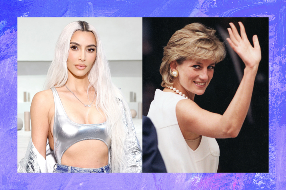 Montagem com foto de Kim Kardashian à esquerda e Princesa Diana à direita em montagem com fundo azul