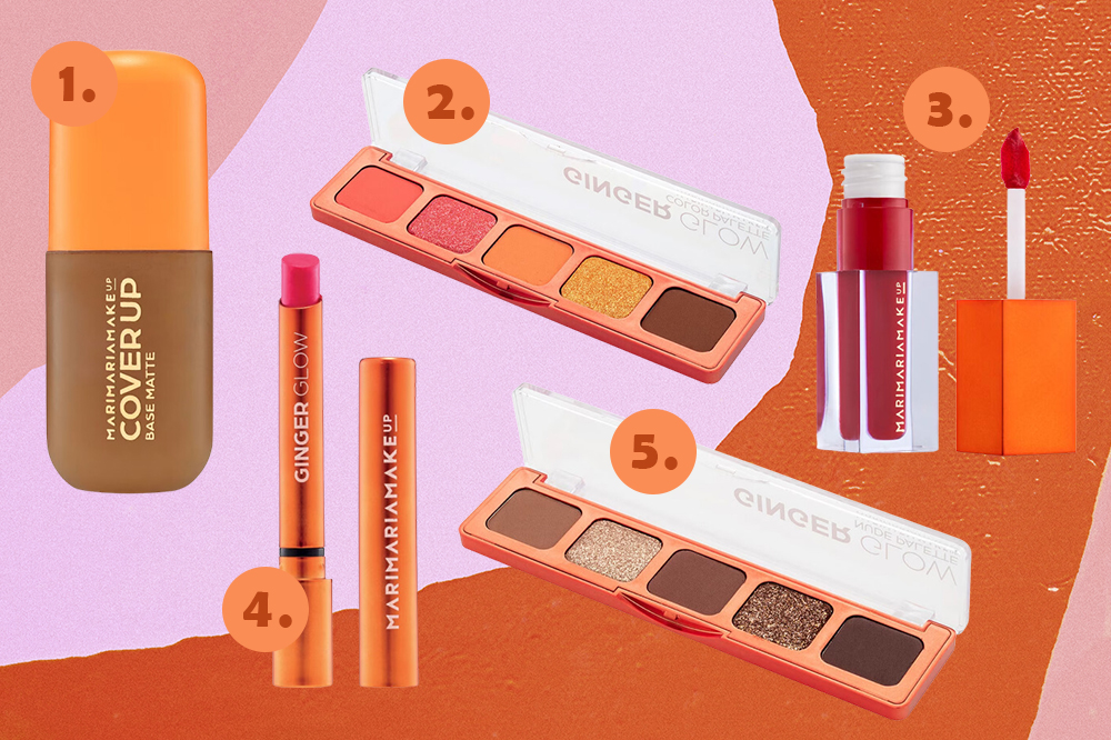 Produtos da coleção Ginger Glow, da Mari Maria Makeup em montagem com fundo laranja e rosa