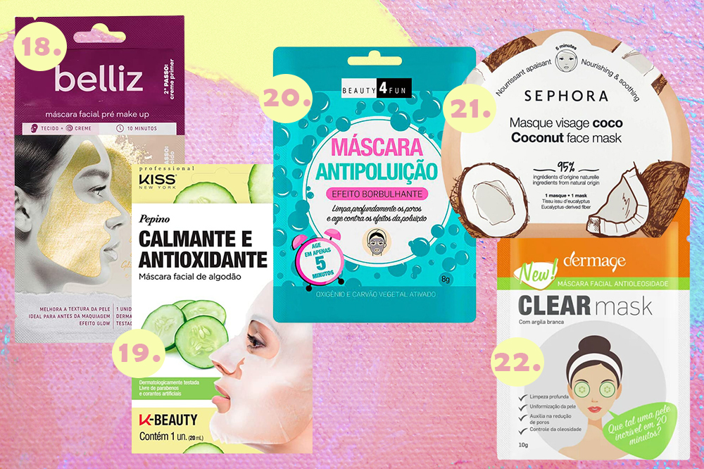 Montagem em fundo amarelo, rosa e azul com cinco opções de máscaras faciais para skincare