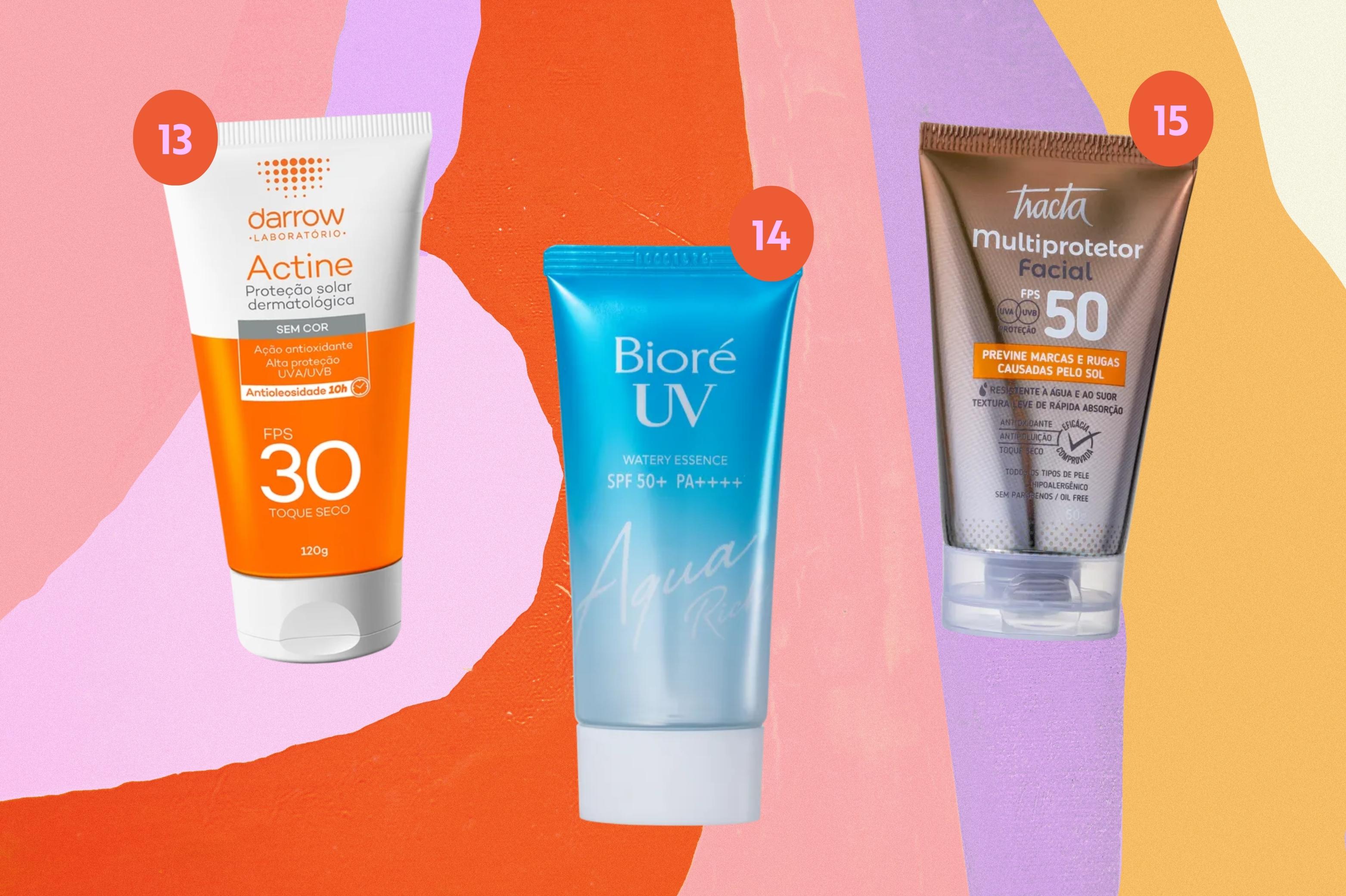 protetor-solar-facial-em-promocao Montagem com o fundo colorido com 3 opções de protetores solares faciais na promoção na imagem.