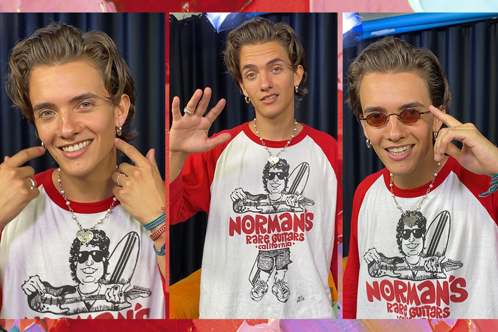 Montagem em fundo vermelho, rosa e azul com três fotos do cantor Noah Urrea, ex-integrante do Now United, em entrevista à CAPRICHO