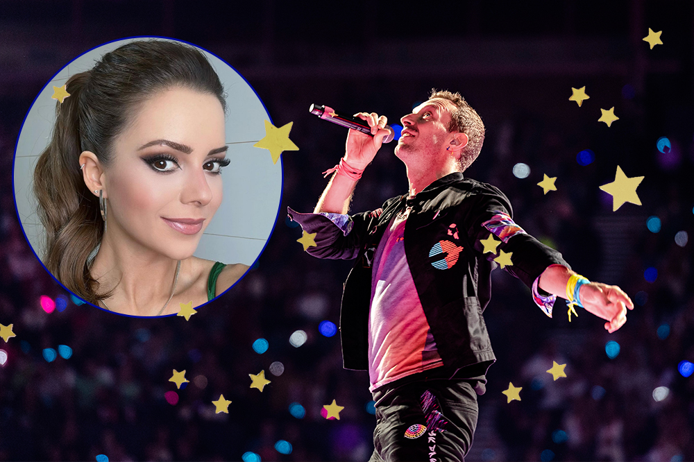 Montagem com foto de Chris Martin em show do Coldplay e foto de Sandy em moldura circular à esquerda