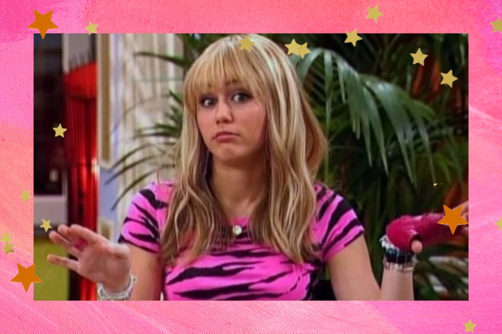 Montagem com o fundo colorido e detalhe de estrelas nas bordas com uma foto da personagem Hannah Montana no centro.