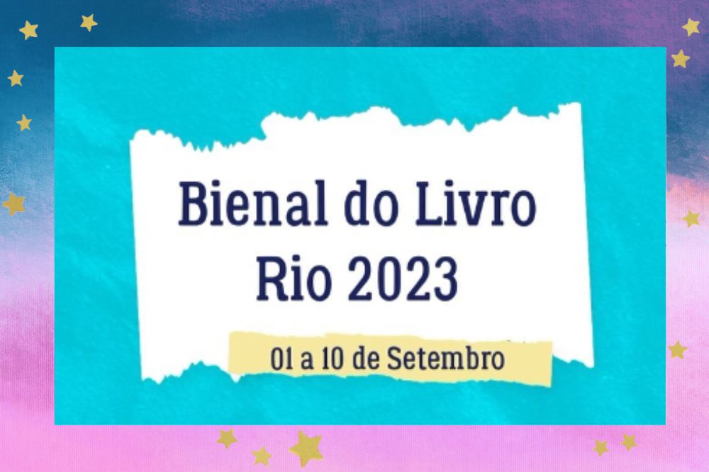 O nome "Bienal do Livro Rio 2023" escrito em um retângulo branco com margens irregulares que imitam uma folha de papel rasgada na frente de um fundo azul; a data de 01 a 10 de setembro aparece em outro retângulo amarelo e menor na parte inferior; a margem é uma textura nas cores lilás, azul, roxo e rosa; estrelas amarelas decoram a imagem