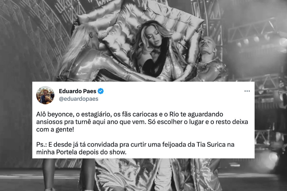 Imagem em preto e branco de cantora ao fundo e tweet à frente