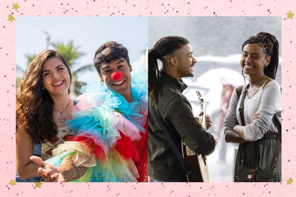 Fotos dos filmes Verão e Outono de Um Ano Inesquecível; na primeira Lívia Inhudes e Micael Borges sorrindo enquanto posam para foto; na segunda Lucas Leto e Gabz rindo enquanto conversam; a margem é uma textura rosa com bolinhas e estrelas amarelas decoram a imagem