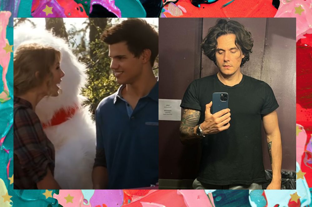 Imagens de Taylor Swift, Taylor Lautner e John Mayer; na primeira imagem Taylor Swift e Taylor Lautner em cena do filme Idas e Vindas do AMor com um grande urso branco com laço vermelho; na segunda uma selfie no espelho do cantor John Mayer usando uma camiseta preta e um celular com capa azul; a margem é uma textura nas cores verde, rosa, lilás, vermelho, roxo, azul e preto com estrelas amarelas como decoração