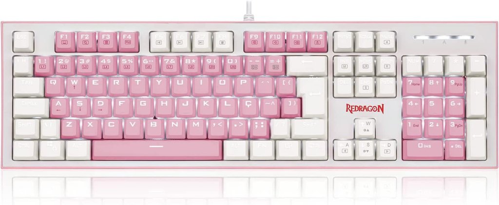 Teclado branco com teclas rosas