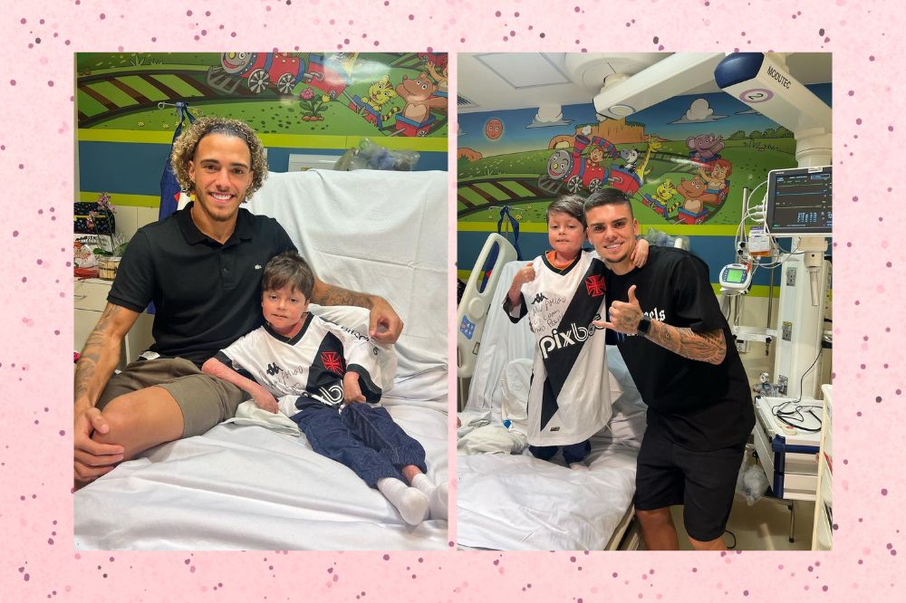 Na primeira foto aparece Gui, usando a camisa do vasco, sentado na cama do hospital ao lado do jogador Figueiredo. Na foto da esquerda, Gui está de pé na cama abraçado com o atleta Gabriel Pec