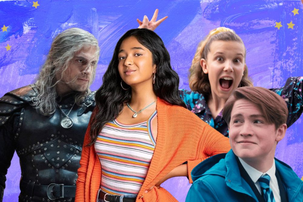 Personagens de séries originais da Netflix como The Witcher, Devi de Eu Nunca, Onze de Stranger Things e Nick de Heartstopper. Fundo em tons de azul e roxo com estrelas douradas.