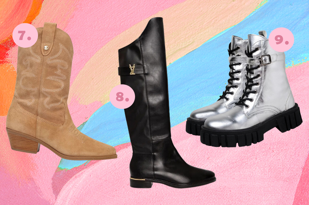 Botas para montar looks no outono-inverno 2023. Montagem em fundo rosa, laranja e azul