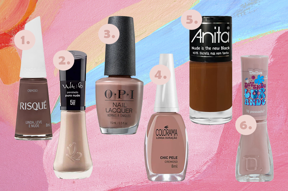 Seis opções de esmaltes em diferentes tons de nude. Montagem em fundo rosa, laranja e azul