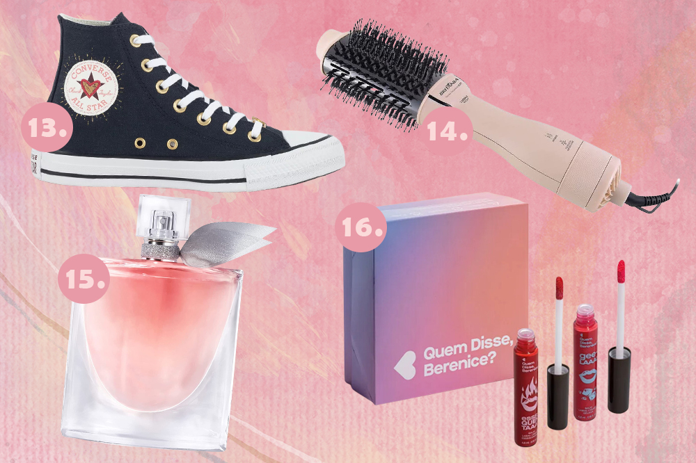 presentes-dia-dos-namorados-2023-04 Montagem em fundo rosa com quatro sugestões de presentes para o Dia dos Namorados: tênis Converse, escova secadora, perfume Lancôme e kit de batons