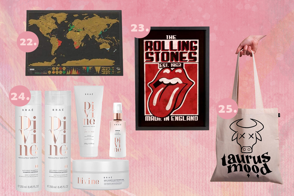 presentes-dia-dos-namorados-2023-06 Montagem em fundo rosa com quatro sugestões de presentes para o Dia dos Namorados: mapa mundi, quadro Rolling Stones, kit de cabelo e ecobag