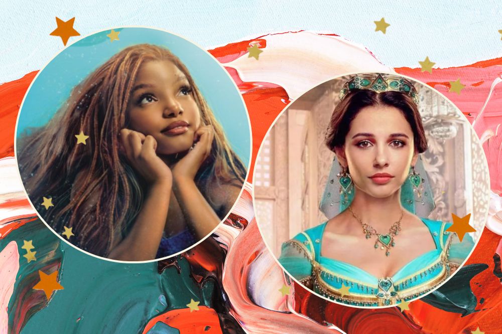 Montagem com fundo azul, verde e vermelho. Na frente há dois círculos. O primeiro é a imagem da Ariel da Halle Bailey e o segundo é a Jasmine da Naomi Scott.