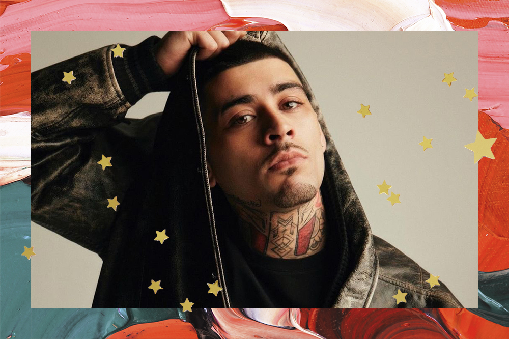 Foto de Zayn Malik com montagem em fundo vermelho e verde com estrelinhas douradas