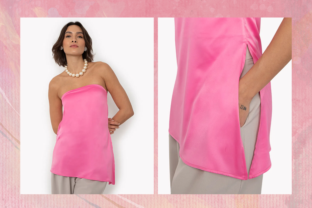 Blusa assimétrica acetinada sem alça rosa da C&A