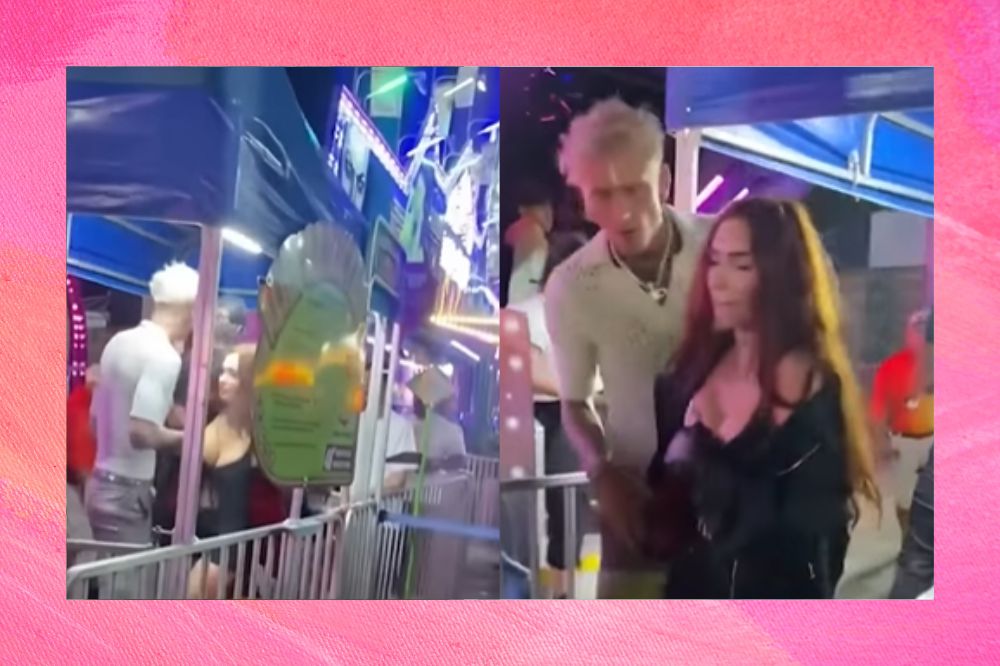 Duas imagens de Machine Gun Kelly e Megan Fox em parque de diversões no meio de uma confusão que ocasionou agressões; a margem é uma textura em tons de rosa e branco