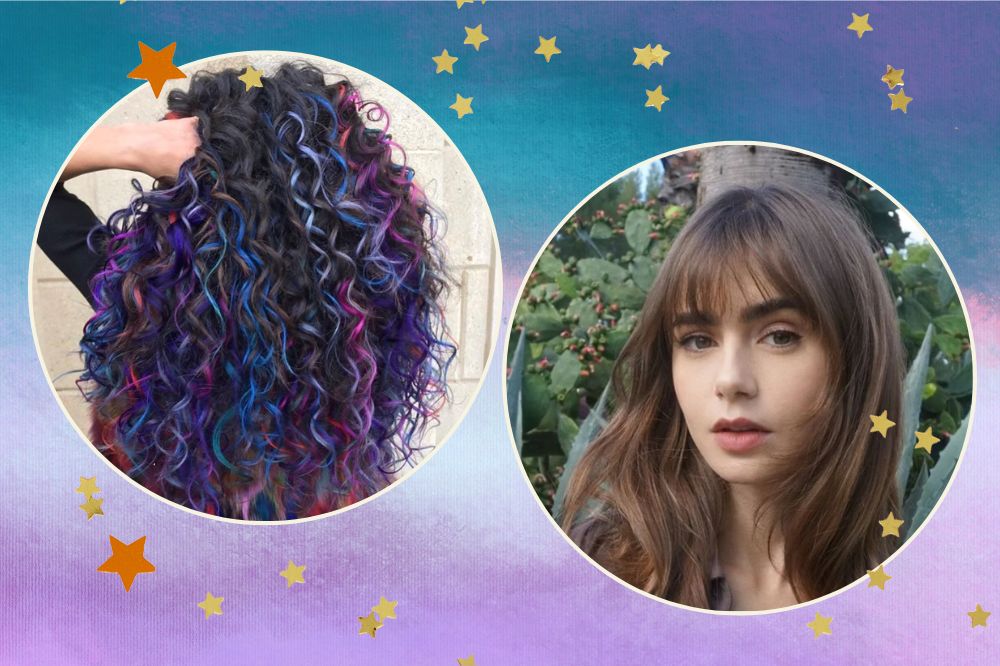 Montagem com fundo nas cores azul e lilás. Duas imagens em formato de círculo na frente. Na primeira um cabelo cacheado com mechas coloridas e na segunda a Lily Collins de franja.