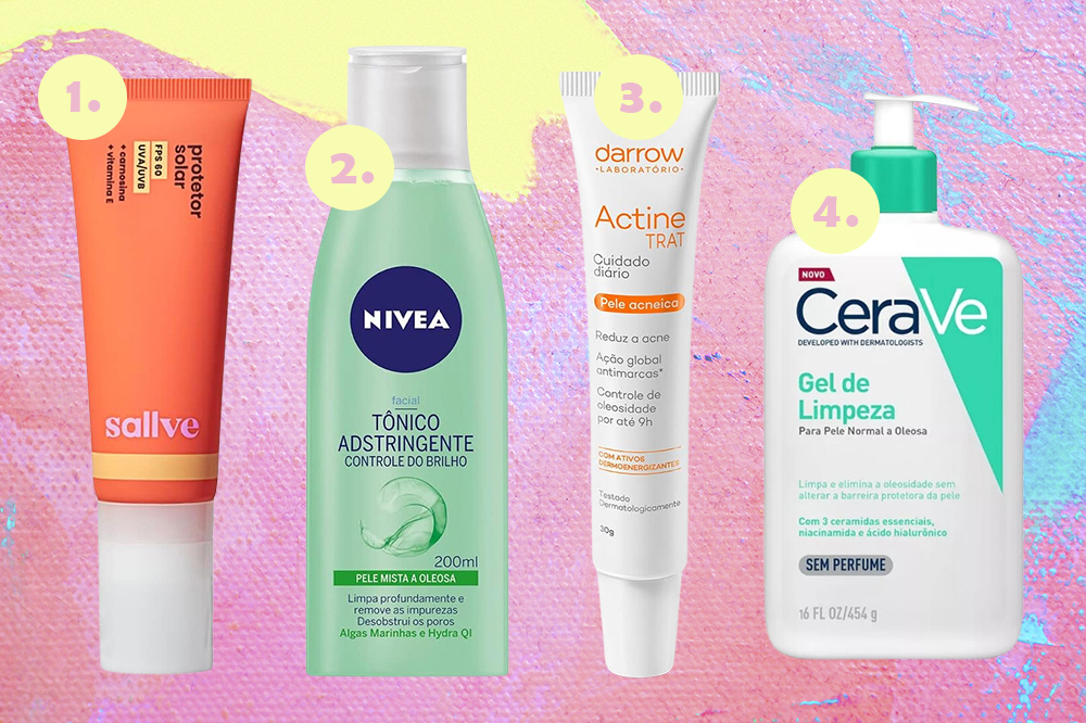 Produtos de skincare em promoção no Prime Day. Montagem em fundo rosa, azul e amarelo