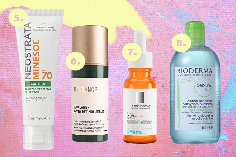 Produtos de skincare em promoção no Prime Day. Montagem em fundo rosa, azul e amarelo