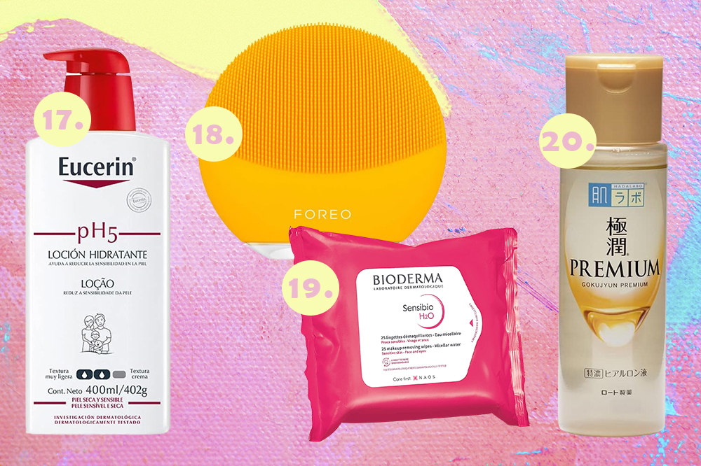 Produtos de skincare em promoção no Prime Day. Montagem em fundo rosa, azul e amarelo