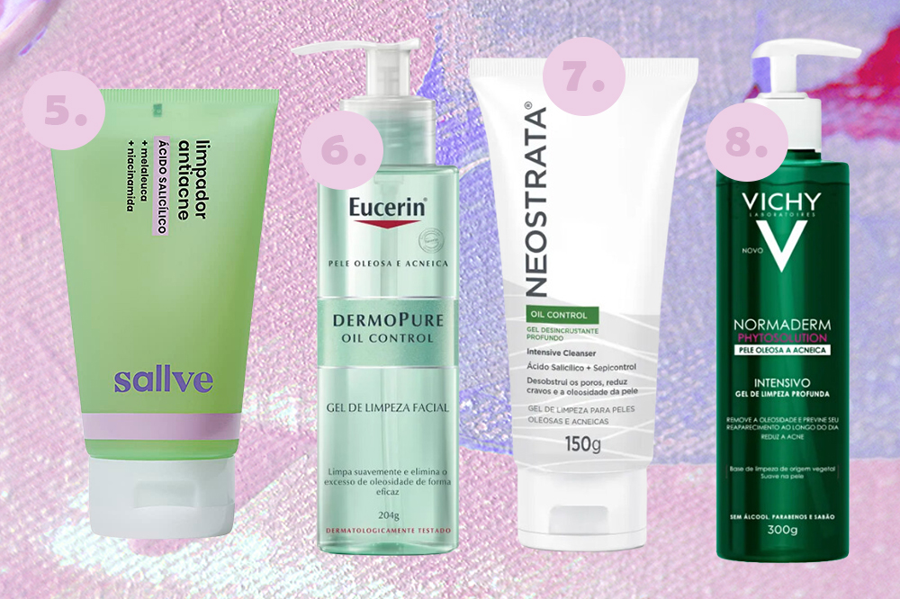 sabonete-liquido-facial-antiacne-02 Sabonetes faciais para pele oleosa e acneica. Montagem em fundo rosa e lilás