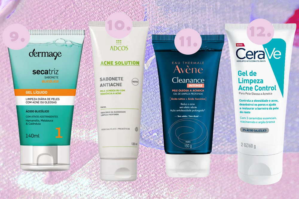 sabonete-liquido-facial-antiacne-03 Sabonetes faciais para pele oleosa e acneica. Montagem em fundo rosa e lilás