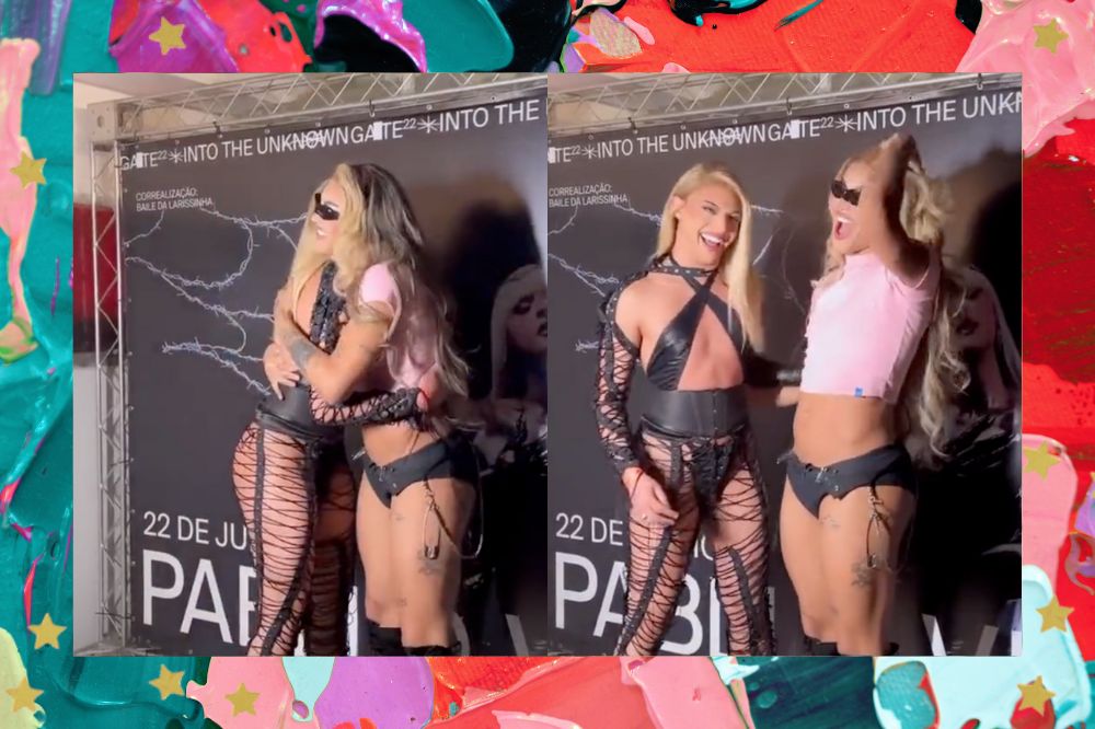 Duas imagens de Pabllo Vittar com a sósia Johann; na primeira imagem as duas estão se abraçando e na segunda estão posando para foto; a margem é uma textura de tintas nas cores lilás, verde, roxo, vermelho, rosa e preto com estrelas amarelas decorando a imagem