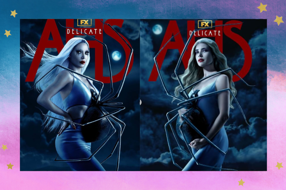 Kim Kardashian e Emma Roberts nos pôesteres da 12ª temporada de American Horror Story. Fundo azul e rosa com estrelas douradas.